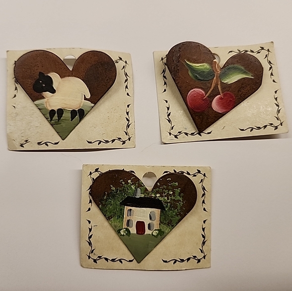 Primitive Folk Art Heart Shaped Brooches With Images of a Lamb, Cherry, & Cottag - Picture 5 of 10